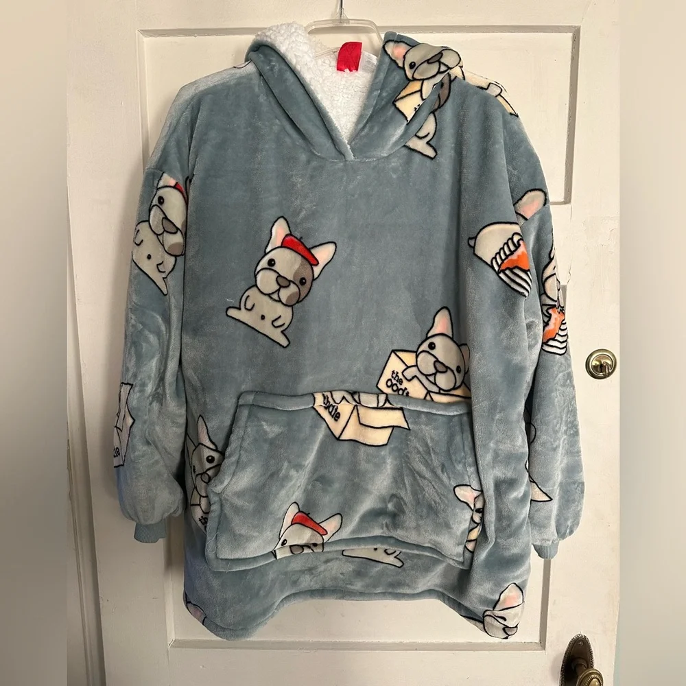 Cozy Blue Kids Hoodie Blanket with Cartoon French Bulldog Print